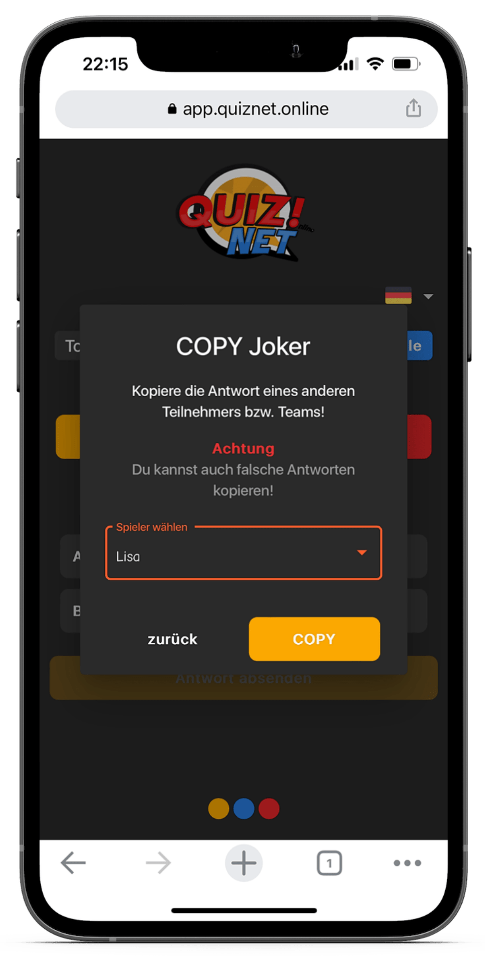 Das iPhone zeigt die Tool-Anwendung, wie der Spieler den Copy-Joker auswählt.